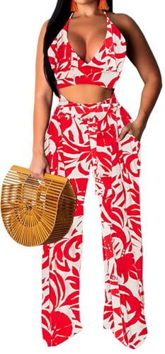 Red Vacation Outfits for Women Halter V Neck Tropical Floral