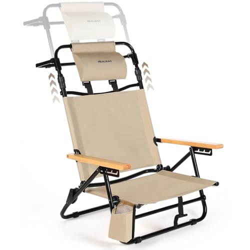 REALEAD Beach Chairs for Adults - Extendable High Back Reclining Beach Chair with 4-Position - Lay Flat Folding Beach Chair with Headrest, Cooler Pouch