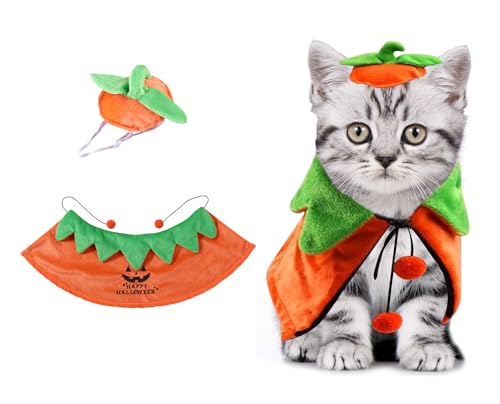 HIENAJ Halloween Cat Pumpkin Cloak with Hat Costume? Adjustable Double-Sided Pumpkin Pet Cape Clothes, Small Cats Dogs and Other Pets Halloween Parties and Pet Cosplay - S