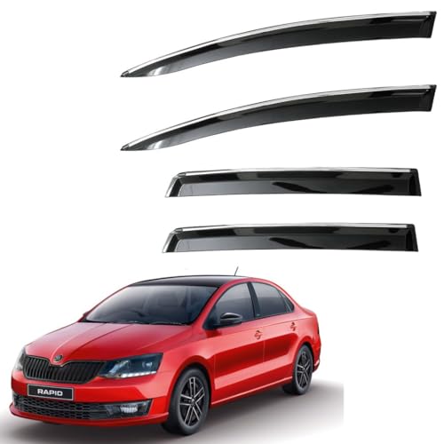 Image of CAR SAAZ Unbreakable Chrome Smoke Door Visor for Rapid (2017-2021)| Premium Sun, Rain Wind Deflector Chrome Strip Side Door Rain Visor - Set of 4 Pcs