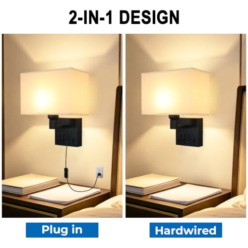 Image of Plug in Wall Sconces, Wall Lamp with Black Base Square lampshade | Wall Lights for Bedroom Bulb Included, Wall Mounted Lamp with 3 Color Temperature, Bedside Lamps with USB Ports and AC Outlet