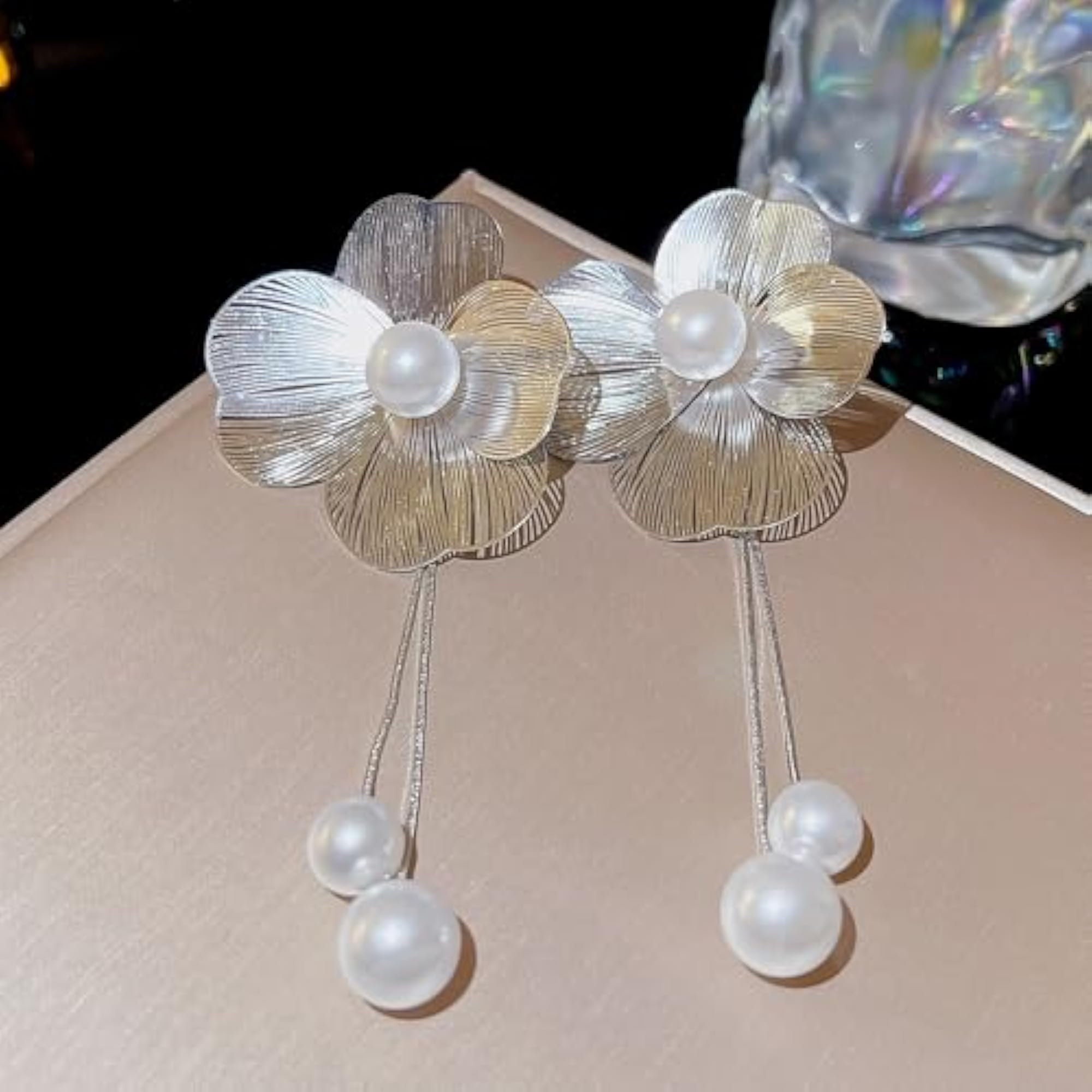 Women's Stylish Silver Flower Drop Earrings Set, Birthday Gift