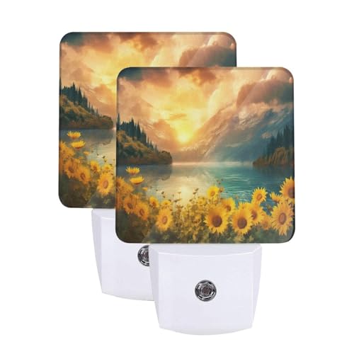 Image of Sunflower Sun LED Plug-in Night Light 2-Pack, Auto Sensor Floral Nightlights Set of 2 for Bedroom Bathroom Stairs
