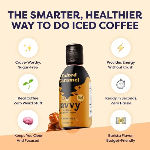 Image of Javvy Cold Brew Coffee Concentrate Instant Coffee, Salted Caramel | 100% Real Coffee, 0g Sugar, No Artificial Flavors, 60-80mg Caffeine per Serving, Gluten Free, Makes Hot or Iced Coffee