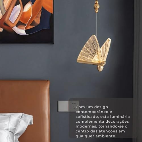 Luminária Pendente Borboleta Cristal 17cm Dourada Grande para Sala de Estar Quarto Cozinha Banheiro