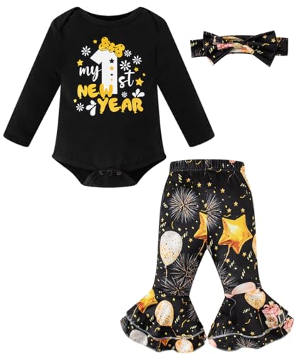 Infant Baby Girls My 1st New Years Outfits Letter Romper Flared Pants Set (Black 3-6 Months)