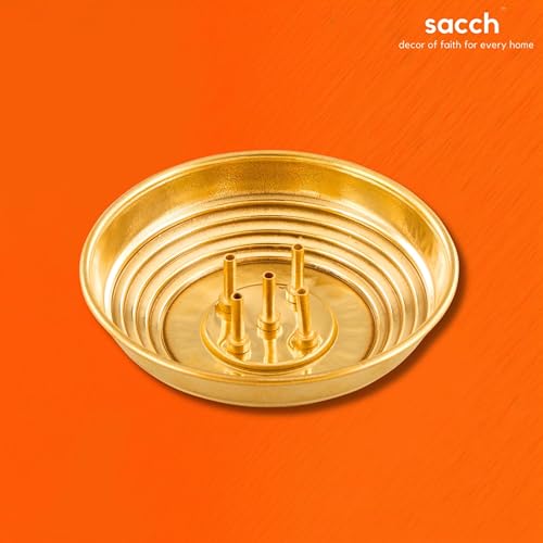 Image of SACCH Pure Brass Agarbatti Stand with 5 Holes Wide Ash Catcher Tray | Mess-Free Incense Holder for Pooja & Gifting