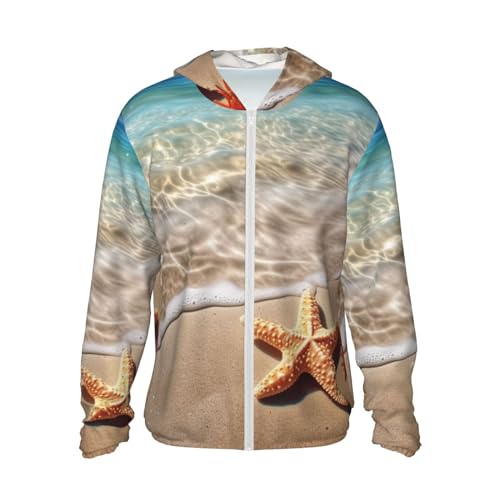 Beach Starfish Camisetas masculinas com capuz e proteção solar FPS 50+, manga comprida, Rash Guard,