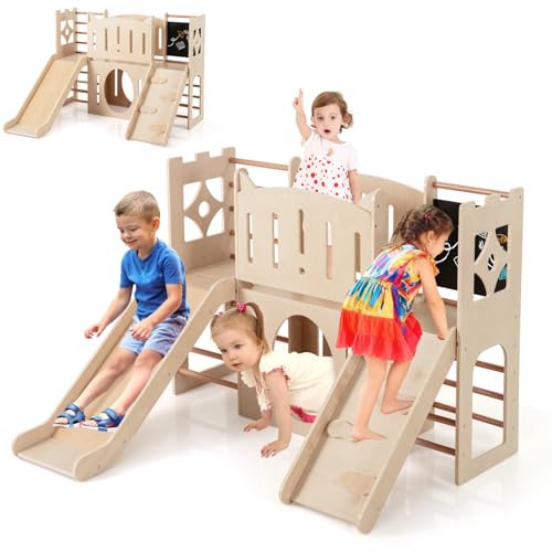 HOMASIS 8 in 1 Klettergerüst Indoor, Holz Kinderrutsche mit...