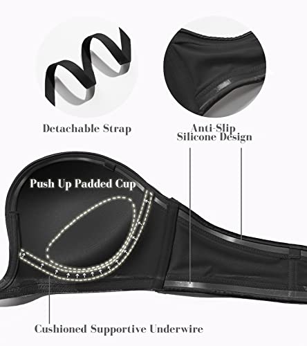 HACI Women's Plunge Deep U Strapless Bra Push Up Demi Seamless Underwire(Black,32B) - Image 3