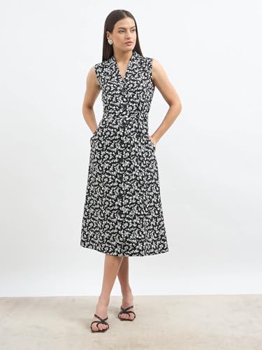 Image of Salt Attire Women's Black Floral Midi Dress | Sleeveless Fit and Flare Western | Button Down Dress with Notched Collar & Side Pockets | Moss Crepe Polyester Casual with Tie-Up Belt