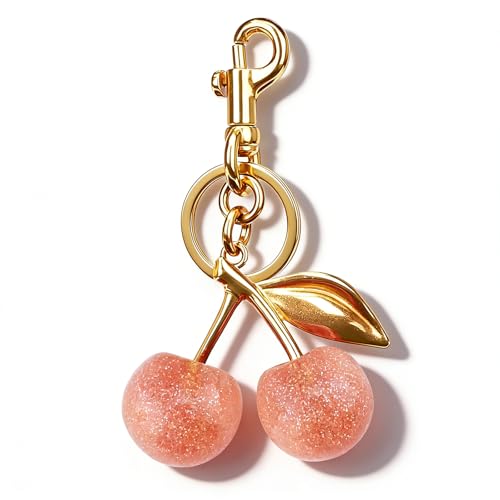 Crizaor Cherry Keychain Bag Charms Cherry Purse Charm For Handbags Cherries Gold Keychain For Women Gold Bag Accessories Charms For Women Mothers Day Birthday Gift Pink Cherries Keyring