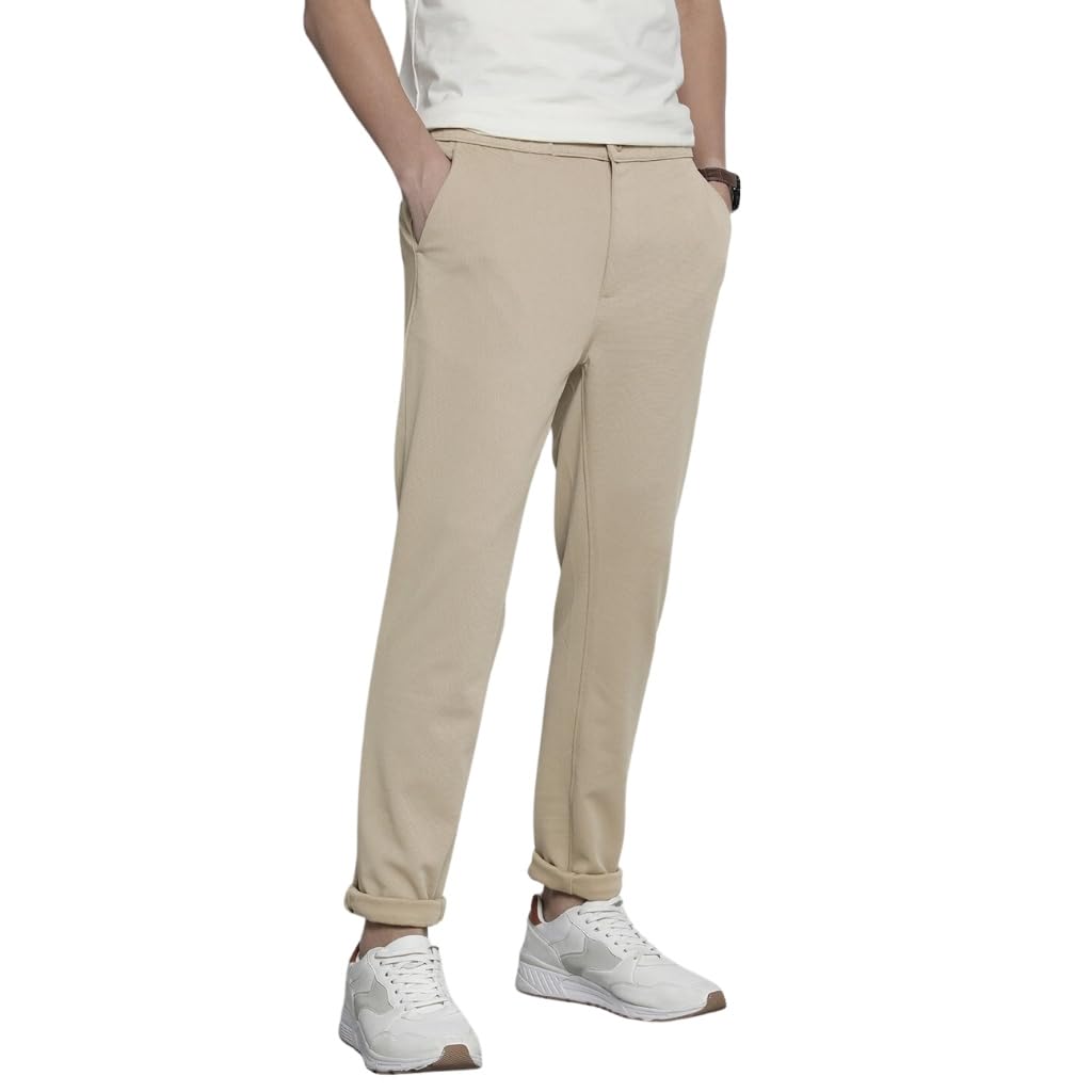 the indian garage co Men's Slim Fit Mid Rise Textured Mid-Rise Stretchable Knitted Formal Trousers-picture-35