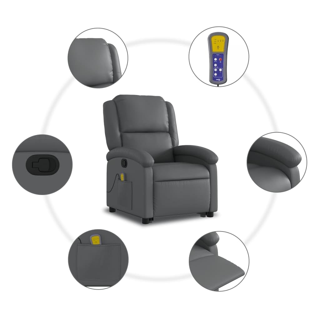 Sillón elevador reclinable con masaje de 6 puntos, color gris, piel sintética, función de elevación eléctrica y vibración, estructura estable de madera y metal, asiento cómodo