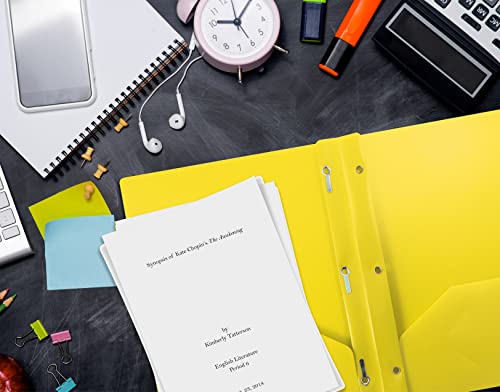 Image of Better Office Products Yellow Plastic 2 Pocket Folders with Prongs, Heavyweight, Letter Size Poly Folders, 24 Pack, with 3 Metal Prongs Fastener Clips, Yellow