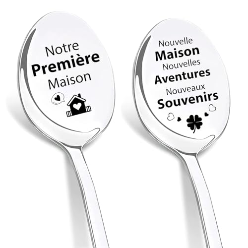 DIKARIYA Cadeau Crémaillère, Cuillère à Café Acier Inoxydable, Cuillères Gravées au Laser-Notre Première Maison, Nouvelles Aventures Nouveaux Souvenirs, Idée Cadeau Crémaillère, Cadeau de Noël Voisin