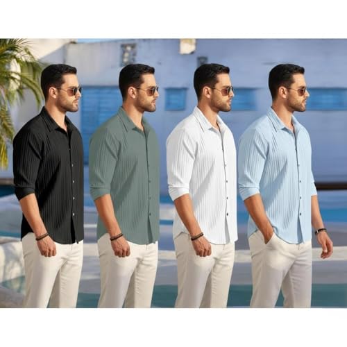 Image of FINIVO FASHION Combo of Men's Casual Cotton Plain Button Down Shirt Long Sleeve Textured Summer Beach Shirt for Men Pack of 4