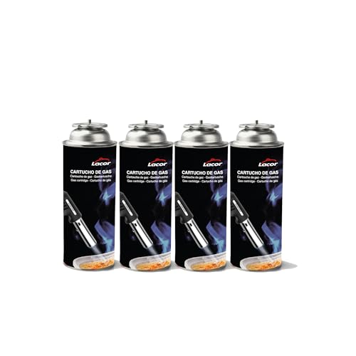 Lacor - 68947 - Cartucho de Gas (LPG), Pack 4 Cartuchos, Sistema Push con Conexión Bayoneta, Compatible Universal, Cada cartucho contiene 220g, con Tapa Protectora y Sistema de Seguridad