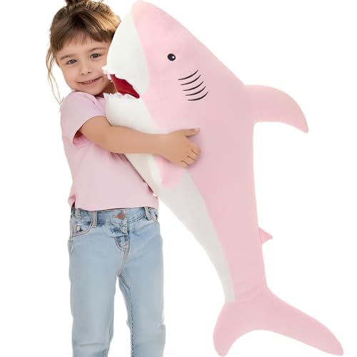 Image of MorisMos 39inch Giant Shark Stuffed Animal, Large Stuffed Shark Plush, Big Sharks Pillow Gift for Kids Girlfriend, Pink