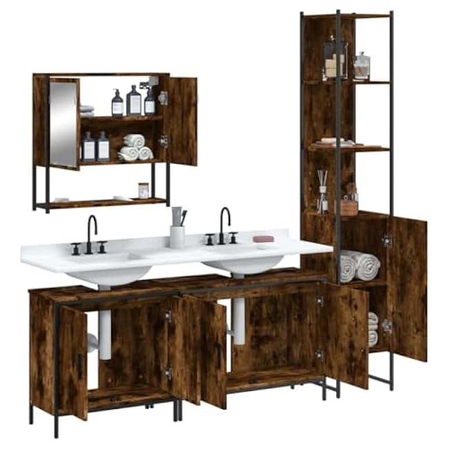 Modern Smoked Oak Bathroom Furniture Set with Wall-Mountable Sink Cabinet, Durable Engineered Wood Storage Vanity Solution for Organized Toiletry & Home Decor.
