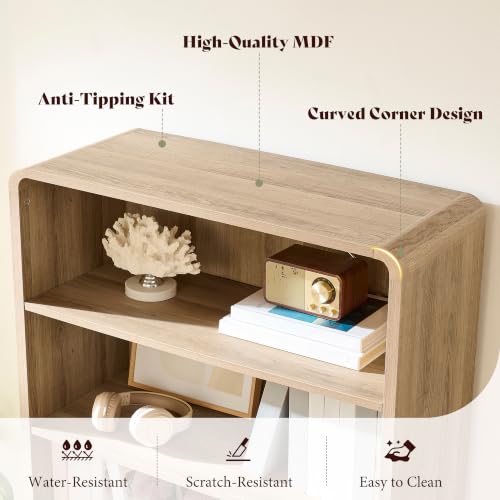 Image of AMERLIFE 71 inch Modern Bookcase Set of 2 with Storage Cabinet, 6-Tier Bookshelf with 3 Adjustable Shelves & Fluted Doors, Wood Curved Display Cabinet for Living Room, Dining Room, Home Office, Natural