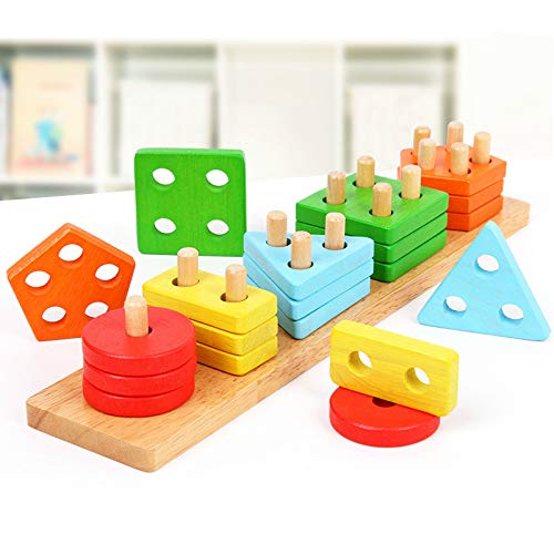 KINGWELL Wooden Angle Geometric Blocks Stacker Shape Sorter Column Puzzle Stacking Set for Kids- B