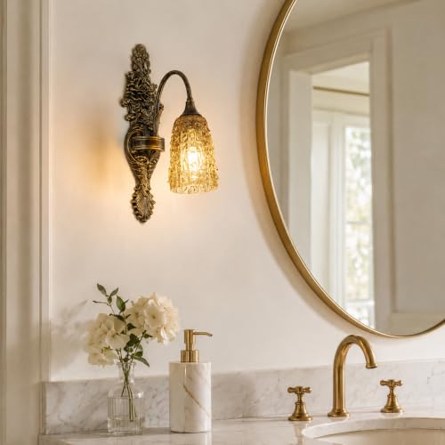 Image of Rustic Glass Wall Sconce Vintage Antique Gothic Black Brush Gold Wall Light Fixture Retro Mid Centry Glass Wall Sconce for Bedroom, Living Room, Mirror, Hallway