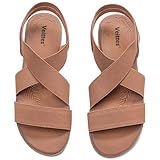 Veittes Women's Flat Slide Sandals - Fashionable Elastic Ankle Strap Comfortable Flat Summer Sandals.(2407005,BR/MF,12)