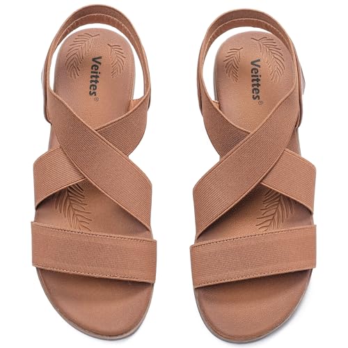 Veittes Women's Flat Slide Sandals - Fashionable Elastic Ankle Strap Comfortable Flat Summer Sandals.(2407005,BR/MF,8.5)