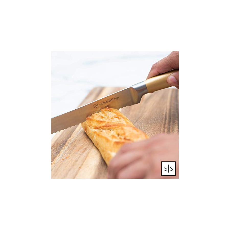 Gold Knife Set with Walnut Block – 13-Piece Full Tang Stainless Steel Kitchen Knives – Durable Gold Kitchen Accessories for Cooking and Food Prep