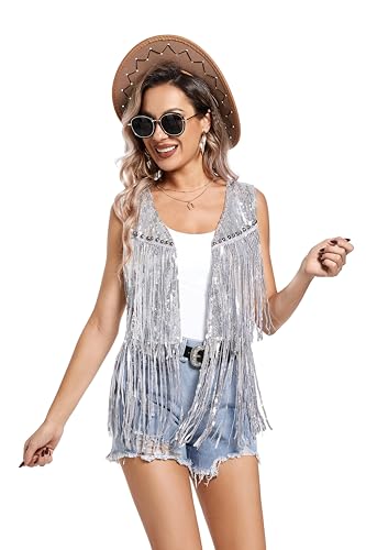 Danceislife Women Tassel Vest 70s Hippie Sparkly Fringe Sequin Jacket Cardigan Rivet Sleeveless Open Front Coat