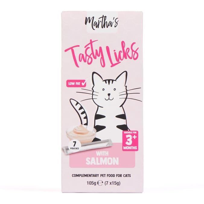 Martha's Cat Tasty Licks Treats Salmon - Low In Fat - No Artificial Preservatives (7 x 15g Pouches)