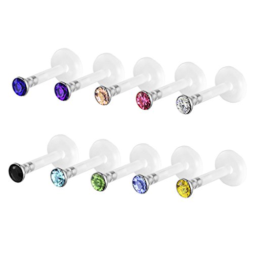 Aprilsky Mixed Czech Crystal Gem 16G Acrylic Labret Sted Monroe Bar Lip Ring Stud Piercing Set - 10 Pieces