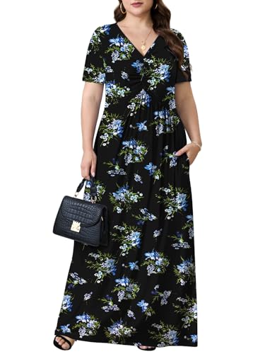 Image of PEVRL Plus Size Summer Maxi Dress for Curvy Women with Pockets 1X-5X | Short Sleeve, Twisted Front V-Neck, Summer Casual A Line Flowy Dress, Empire Waist Floral Print Beach Vacation Long Dress