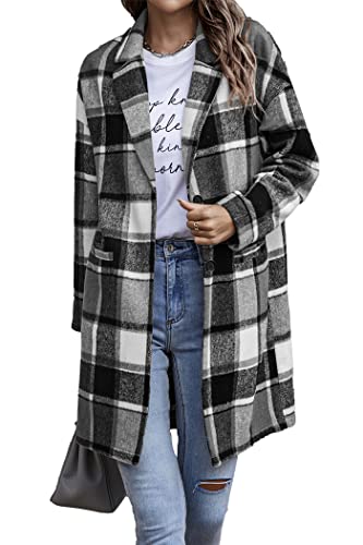 PRETTYGARDEN Women's 2024 Plaid Shacket Jacket Casual Button Wool Blend Winter Tartan Trench Coat With Pockets (Grey,Medium)