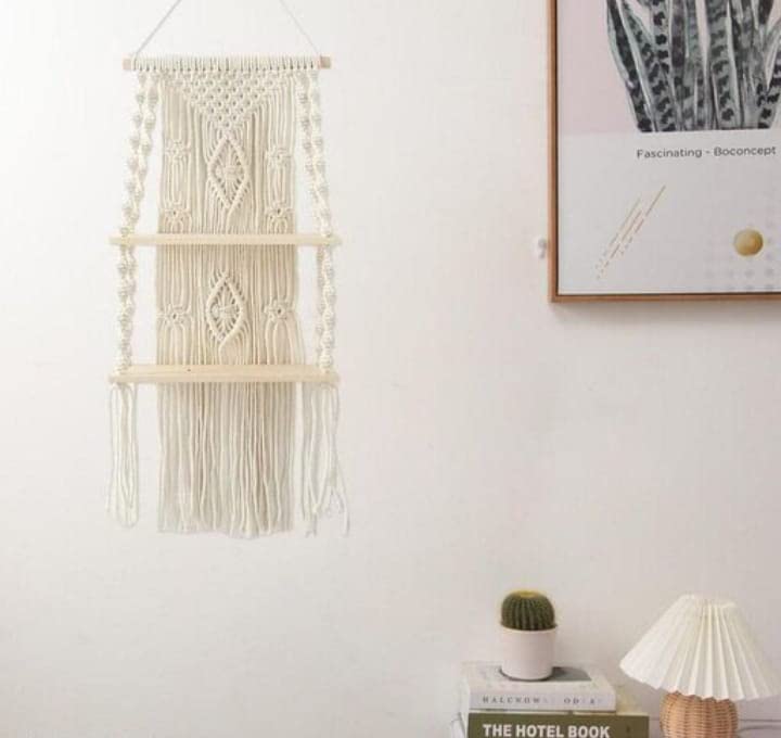 Image of Aain Macrame Wall Hanging Shelf Balcony Hangers |118| Pine Wooden Plank Bohemian Style Hand Cotton Cord with Set of 2 Shelves for Flower Plants |Living Room | Bathroom Beige, L 75 x 30 W