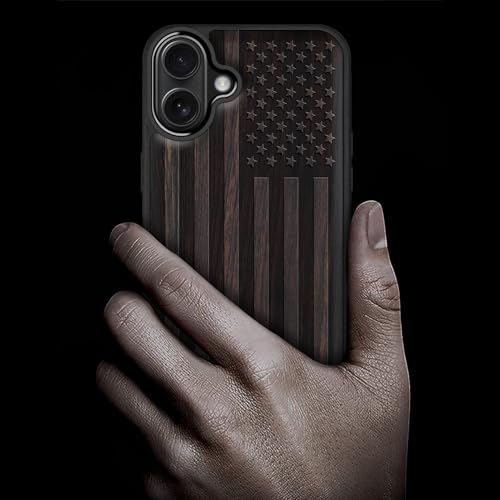 Image of Carveit Wood Case for iPhone 16 Plus, The Classic American Flag, Black | Magnetic iPhone 16 Plus Case Compatible with MagSafe Wireless Chargers, Engraved Wood with Soft TPU Shockproof Bumper