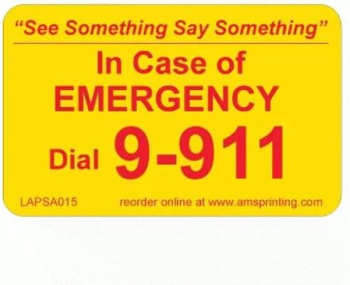 20 Emergency 9-911 Phone Labels. Laminated Stickers on Yellow Gloss with Red Ink. Permanent Adhesive. Size: 2" (W) x 1 1/4" (H).
