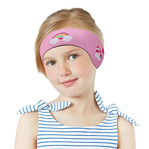 MoKo Schwimmen Stirnband, Neopren Schwimmband Ohrenband Wasserdichtes Kopfband Haarband mit Hohe Elastizität und Klettverschluss Ohrenschutz Band für Kinder Alter 3-9, M Größe - Rosa