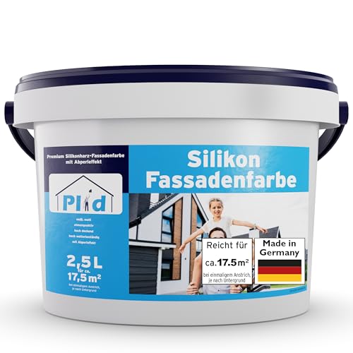 Plid® Silikon Fassadenfarbe Weiss Aussen matt 2,5L - für Beton, Mauerwerk, Kellerwand, Fassade & Sockel - Wandfarbe Weiß 2,5l - Aussenfarbe Weiss wetterfest - Außenwandfarbe - Aussenfarbe Fassade
