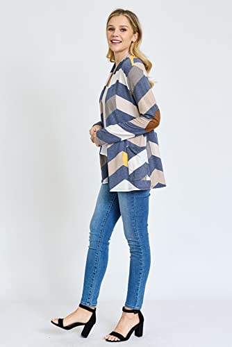 Image of Eloges Women's Multi Stripe Soft Knit Open Cardigan with Suede Elbow Patch