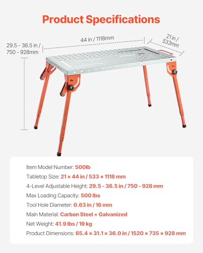 VEVOR Foldable Welding Table 44" x 21", 500LBS Capacity Welding Workbench with 4-Level Adjustable Height, Carbon Steel Work Bench with 6 Tool Slots & 0.63" Fixture Holes for Welding Assembly Repair - Image 7
