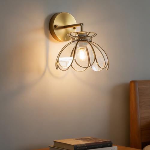 Image of Vintage Brass Ceiling Pendant Light with Stained Lotus Flower Clear Glass Shade, Oriental Hanging Lamp or Wall Sconces Dual-Purpose, for Kitchen Island Dining Room Bedroom Living Room-7.9 inch Shade