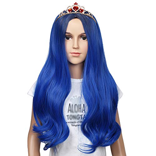 Kids Size Wig and Crown Set Long Wavy Cosplay Wig for Halloween Costumes and Party (Dark Root Blue)