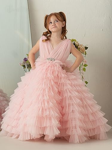 Flower Girl's V Neck Wedding Party Dress Tiered Tulle First Communion Dress Girls Birthday Gown4