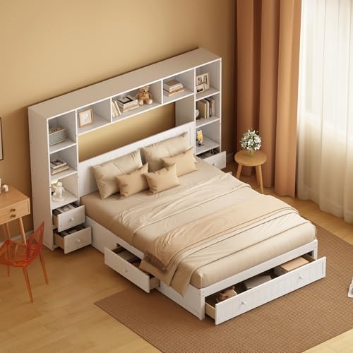 Queen Size Platform Bed with Bookcase Headboard and Drawers, Wood Platform Bed Frame with Storage All-in-One Cabinet, Queen Captain Bed with Charging Station, No Box Spring Needed, White