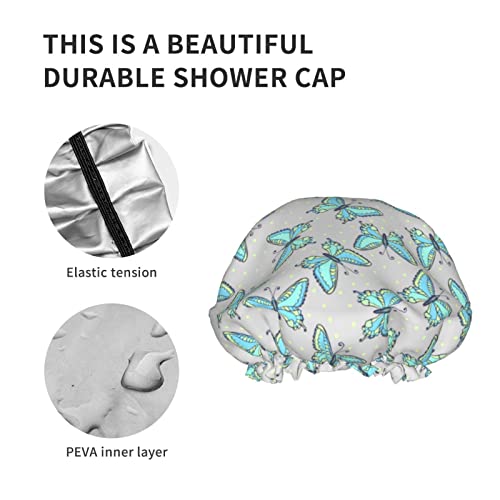 Blue Butterflies Fashion Grey Shower Cap Women Waterproof Reusable Peva Lining Adjustable Elasticized Hem For All Long Hair Bath Hat #TOP4