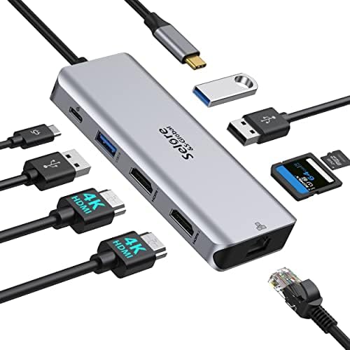 USB C Docking Station Dual Monitor 2 HDMI for Dell HP Lenovo, 9 in 1 USB C Hub Multiport Adapter to Dual HDMI 4K, Gigabit Ethernet, 4 USB, 100W PD, SD/TF Card Reader for Surface MacBook Laptops