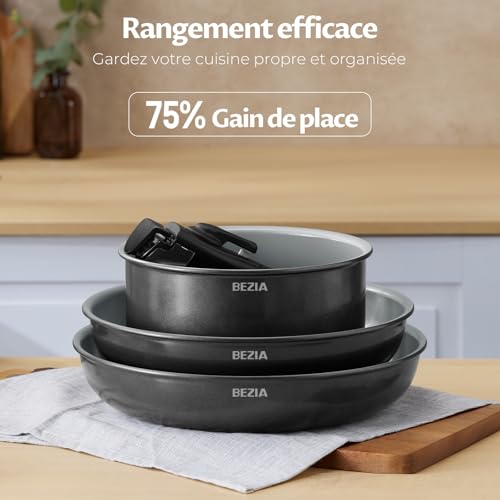 Poêle en céramique amovible BEZIA : set de 9 casseroles induction empilables - 8