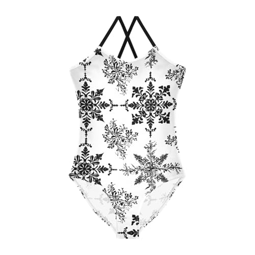 KLL Snowflake Black and White Background Toddler Girls 1-Piece Swimsuits Beach Swimming Suits Adjustable Strap Quick Dry